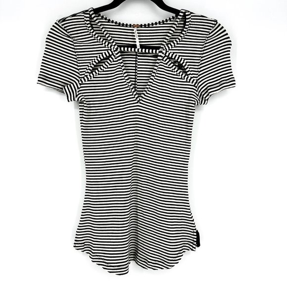 Free People Frenchie Striped Cutout Knit Tee Black/Ivory Small - Picture 2 of 8
